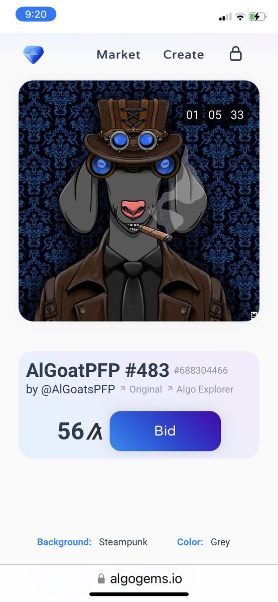 AlGoatsPFP's tweet photo. Just over 1 hour left to adopt the Steampunk #AlGoat!
Bid here https://t.co/mf9CZ6BHXH
#Algo #AlgoNFT #AlgoFam #NFTAuction https://t.co/KZLHtthiqw