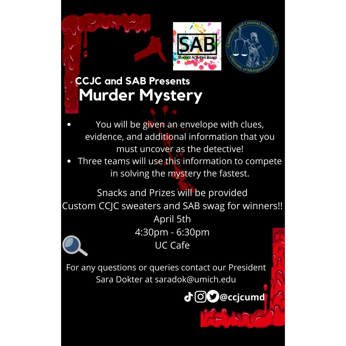 umd_sab's tweet photo. Join SAB and CCJC to solve a murder mystery on April 5th at the UC Cafeteria from 4:30 to 6:30 PM. Winning team will receive a prize!! https://t.co/PA3w3V0WLY