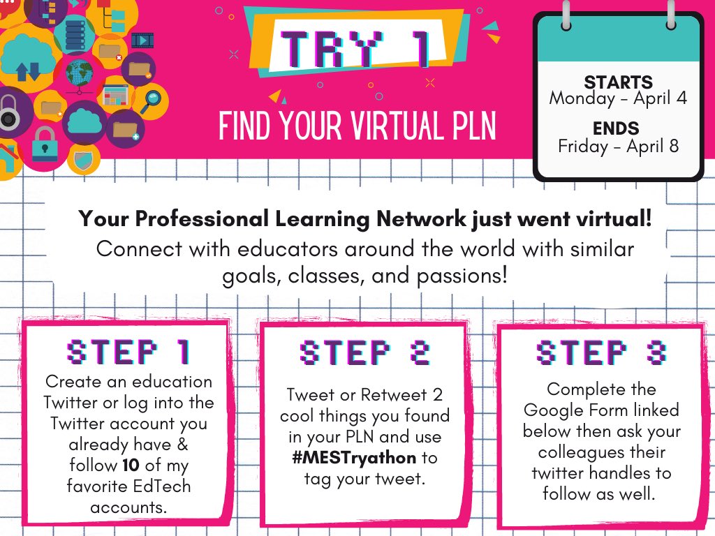 howardkeb's tweet photo. 🎉Excited to start our 💻TECH Try-Athon tomorrow @MunfordElem. Our First “Try” is to FIND YOUR VIRTUAL PLN! A special thanks to @EDUTechItOut for the idea and inspiration! #MEStryathon @TCBOE #leadingtheway #workingonmyroar https://t.co/f9sxgQyiUX