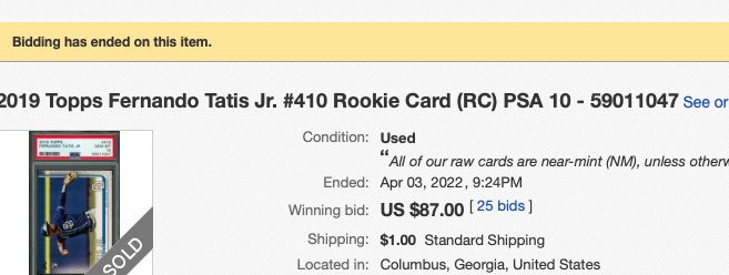 jakeakex1's tweet photo. Make PSA make sense. This PSA 10 Tatis RC just sold at $87. So, it's $100 to grade the card plus $15 insurance. Then you sell it on eBay and give them your 13% cut, which is about about $11 in this case. Total expenditure $126. You paid $39 to give your card away. @CardPurchaser https://t.co/d9RojdpLnX
