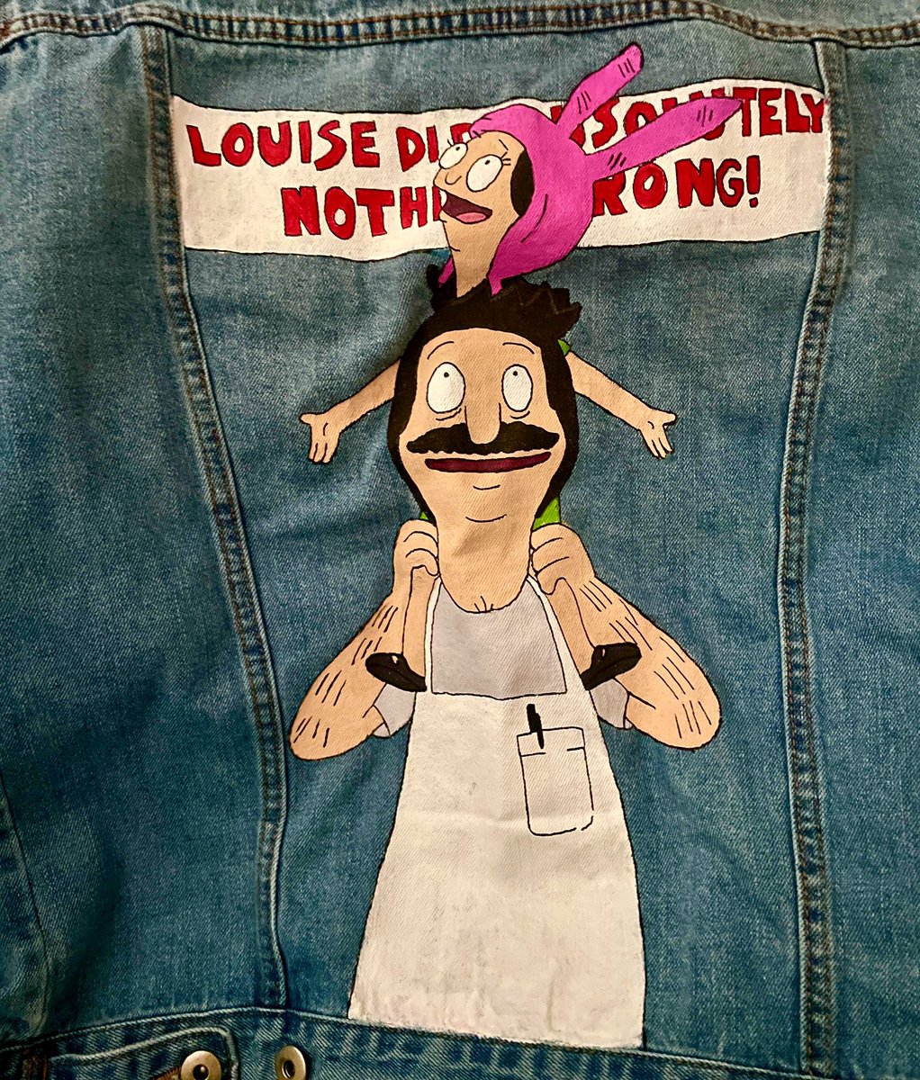JennyFormica's tweet photo. I needed a jacket to wear to Wondercon, so I painted this @BobsBurgersFOX one featuring my fav father daughter duo @kristenschaaled @HJBenjamin @lorenbouchard https://t.co/YwqPVCHPk3