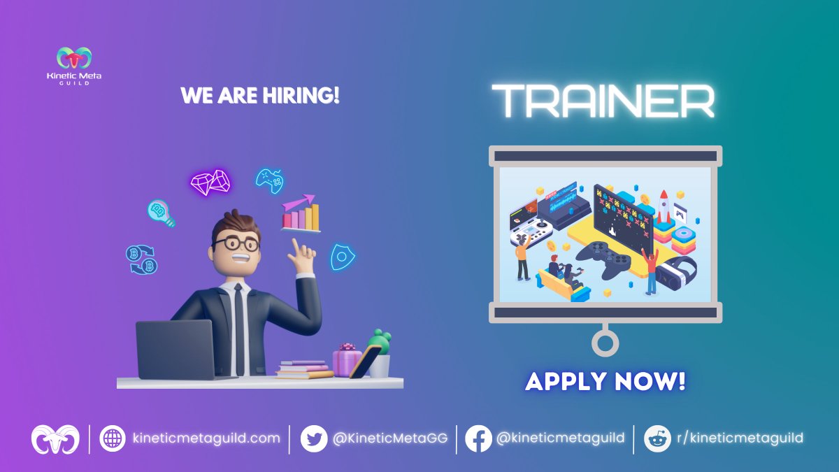 KineticMetaGG's tweet photo. We are looking for a full-time Trainer to join our team and develop world-class training for play-to-earn games with fixed salary.

Apply Now: https://t.co/SsFGSIFvq0 

#Trainer #KineticMeta #P2E #PlaytoEarn https://t.co/s9eqDyvbYt