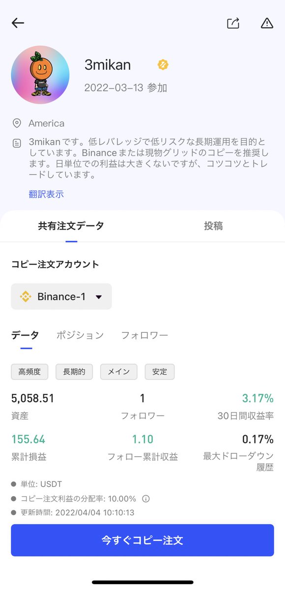 mikanshun's tweet photo. コピーをしたり/解除したりを細かくやると、タイミング次第でマイナスになったりします。

試す場合には「大きく短期間で」ではなく「小さく長期間で」試してもらえればと思います。

コピーするだけで増えてます🍊
https://t.co/4IOKEYFyir
#BingX #BTC #コピトレ https://t.co/o7IQi0cOap