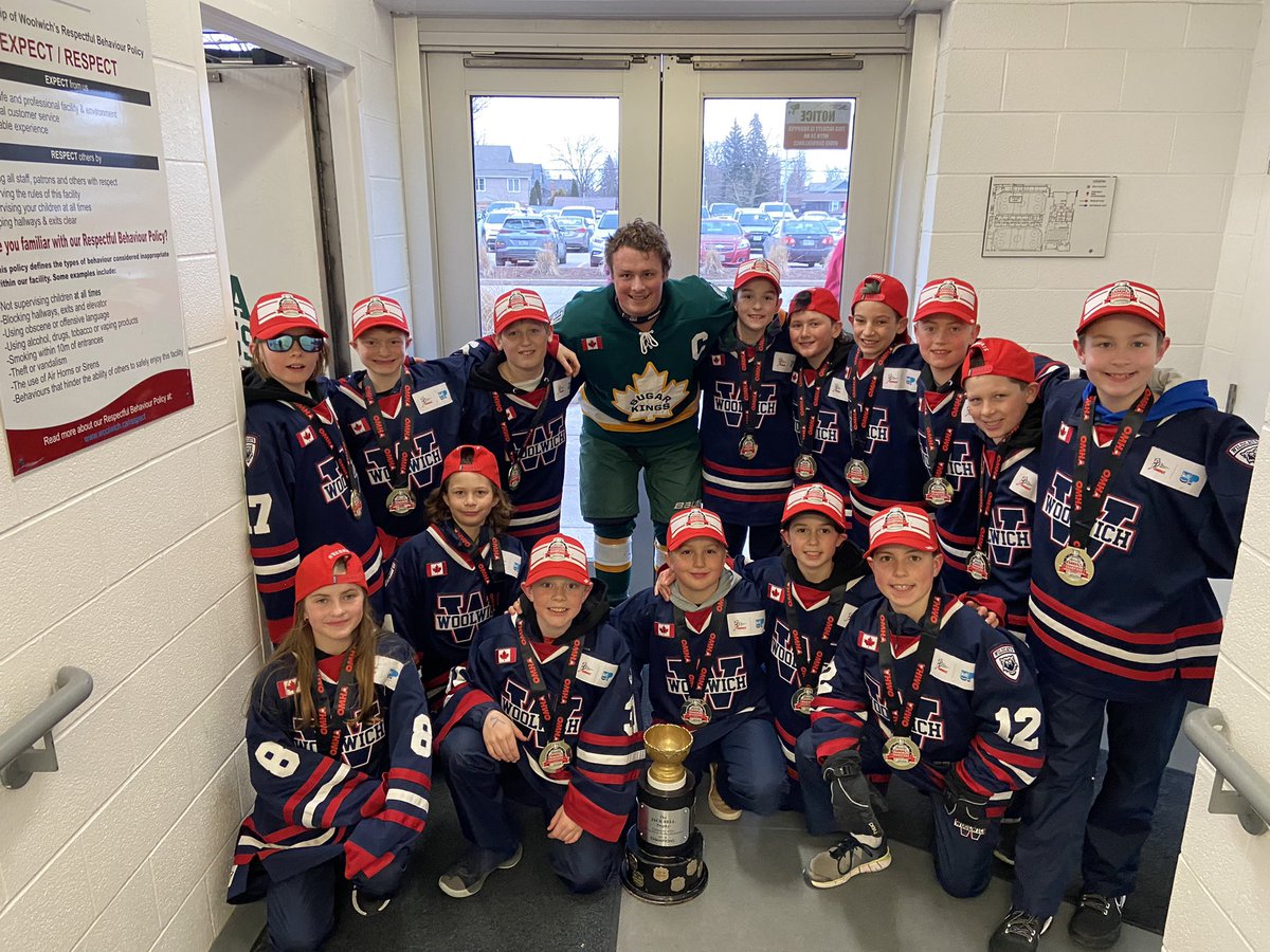 Congrats to the U11A Woolwich Wildcats on their amazing season, going 51-0-2, capped off with an OMHA title this weekend. They showed up for tonight’s game proudly wearing their medals &amp; red hats. And  got a pic with captain Kurtis Goodwin. <a href="/woolwichhockey/">Woolwich Hockey</a> #redhats #OMHA