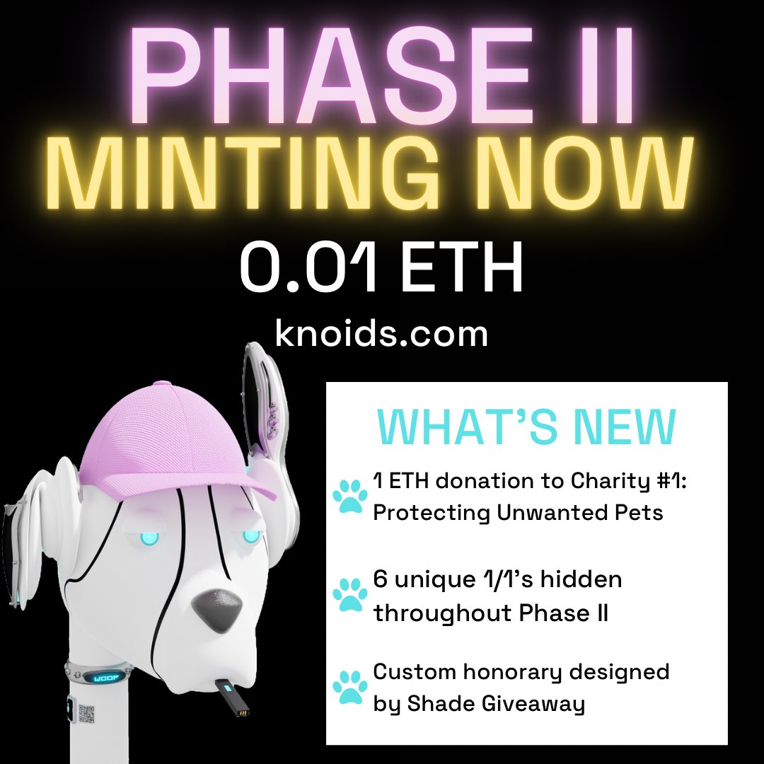 TheKnoids's tweet photo. ⭐️PHASE II MINTING NOW⭐️

MINT = 0.01 ETH 
🔗https://t.co/DnpP5UeHmr
🔗 https://t.co/ZqmhtJGats

⭐️10% donated to dog rescues
⭐️Exclusive you+dog merch
⭐️FREE mint passes to future drops
⭐️IRL and Metaverse dog park

#NFT #NFTCollection #NFTdrop #mint https://t.co/oPf9TdjEDQ