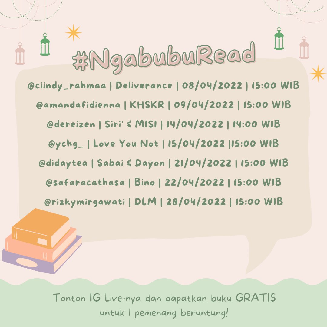 mcl_publisher's tweet photo. Ada yang spesial di bulan Ramadan dari MCL Publisher. Mari kita NgabubuRead bahas buku-buku fiksi terbitan MCL Publiher via IG Live.

Catat tanggalnya dan wajib ikutan karena ada BHR (Buku Hari Raya) GRATIS buat 1 pemenang beruntung tiap IG Live … https://t.co/JV51VB7acg