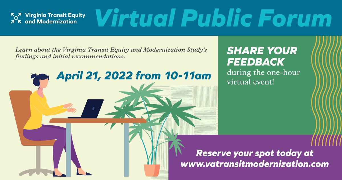 VaTransitAssoc's tweet photo. Learn more about the future of Virginia transit at the Virginia Transit Equity and Modernization Study’s Virtual Public Forum on Thursday, April 21st. 

Register for the virtual forum today at https://t.co/F4wAvFARFY. https://t.co/tRyqHI8zRG