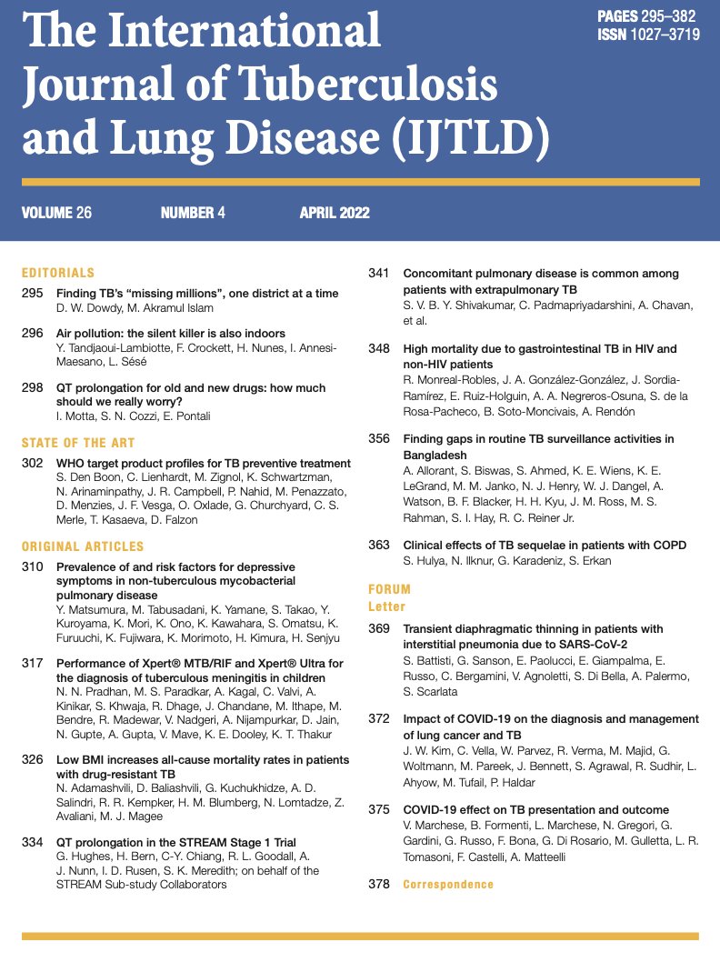 TheUnion_TBLH's tweet photo. The April issue of IJTLD includes low BMI and increased mortality due to DR-TB, impact of COVID-19 on lung cancer and TB, an Editorial on indoor air pollution and Correspondence articles on digital adherence technologies – see https://t.co/KoeA9olQ0l #lunghealth #TB #airquality https://t.co/E0ylcCwXIx