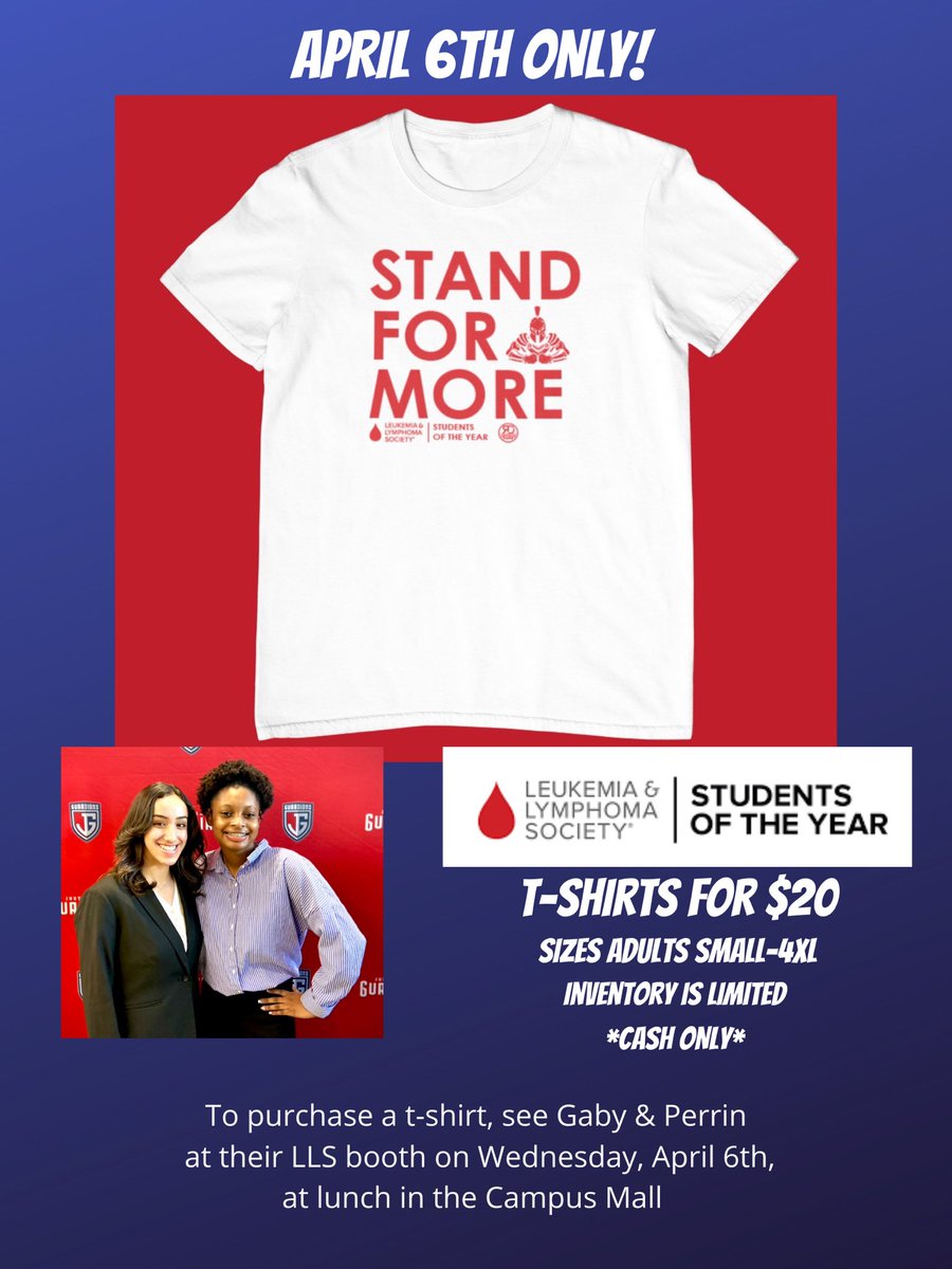 Looking for new Guardian Gear?

Buy a STAND FOR MORE shirt and help support our LLS Student of the Year candidates! A portion from each sale will be donated to <a href="/LLSusa/">伊藤佑愛</a> 

Quantities are very limited so bring $20 in cash on April 6th and purchase a shirt at lunch in the Campus Mall