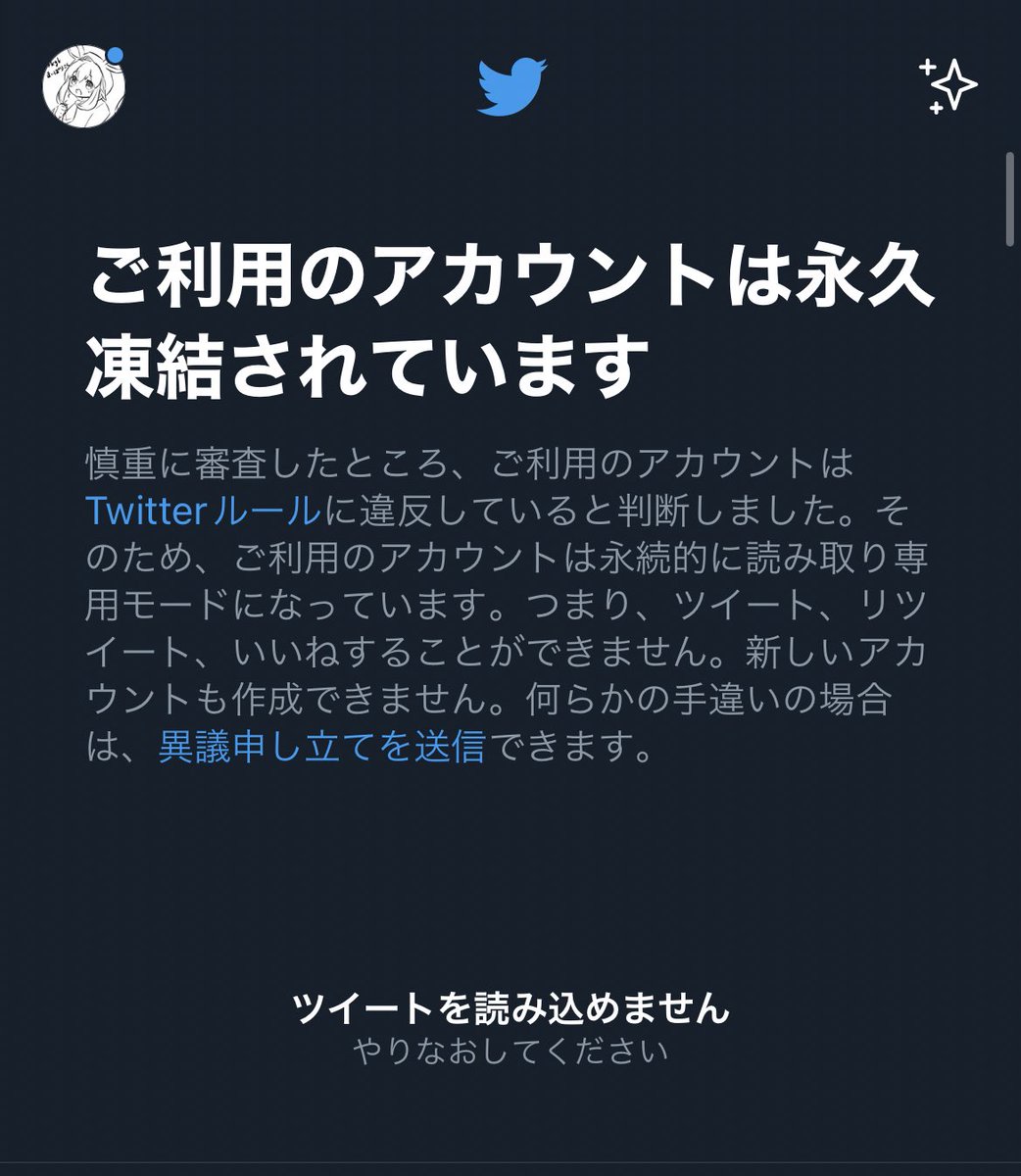 自分のサブ垢はアカウント共有が原因で永久凍結しました。