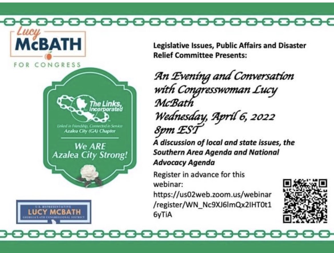 Join <a href="/AzaleaCityLinks/">Azalea City (GA) Links</a> for our Virtual Conversation with Congresswoman <a href="/lucymcbath/">Lucy McBath</a> this week. Please Register for the Free Discussion Wednesday April 6th at 8pm. Here’s the registration link 💚🇺🇸⬇️ rmd.me/7u2zLnsE7Ym