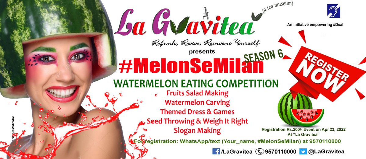 LaGravitea's tweet photo. #MelonSeMilan 6.0, a fun event (lots of Prizes at stake) which is all about #Watermelon 🍉 coming soon at #LaGravitea, a #DeafCafe.
🍉 Themed Competitions:
#SlicesEating 🍉
#MissMelon👗
#MasterChef 🍳
#Carving 🎭
#SloganMaking ✍️
#SeedThrowing 🥜
#WeighItRight ⚖️
Register now. https://t.co/n6N4k82Ab8