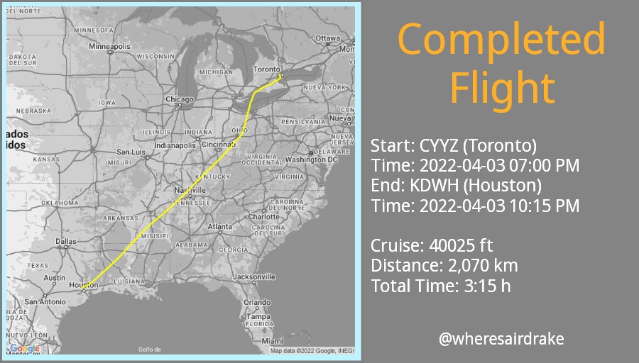 wheresairdrake's tweet photo. #AirDrake #N767CJ Flight Completed on 2022-04-03 10:15 PM from #CYYZ (Toronto) to #KDWH (Houston). Total Time: 3:15 h https://t.co/ztkg8qii2N