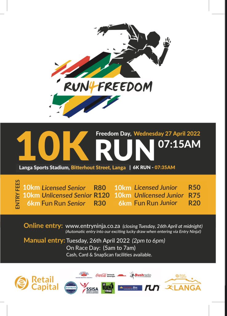 nthabzangwana's tweet photo. This Freedom Day, we invite you to join the Retail Capital Langa Running Club 10km #Run4Freedom! 🏃🏅
Join us at Langa Sports Stadium on Wednesday, 27 April 2022, at 7:15 am. Register online today to enter> https://t.co/u9lQll1qD6
#LangaRunningClub #FreedomDay #RetailCapital https://t.co/VSIDh32oTt
