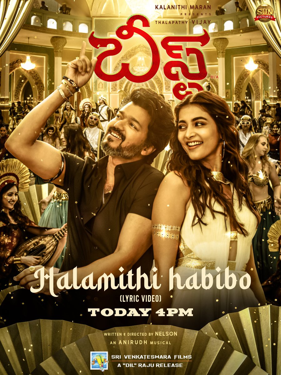 sunpictures's tweet photo. #HalamithiHabibo is releasing in Telugu &amp; Hindi Today @ 4 PM!

@actorvijay @Nelsondilpkumar @anirudhofficial @hegdepooja @jonitamusic @manojdft @Nirmalcuts @KiranDrk @srisaikiran2 @raqueebalam @SVC_official @UFOMoviez #BeastModeON #BeastMovie #Beast https://t.co/XA0eTf6QmS
