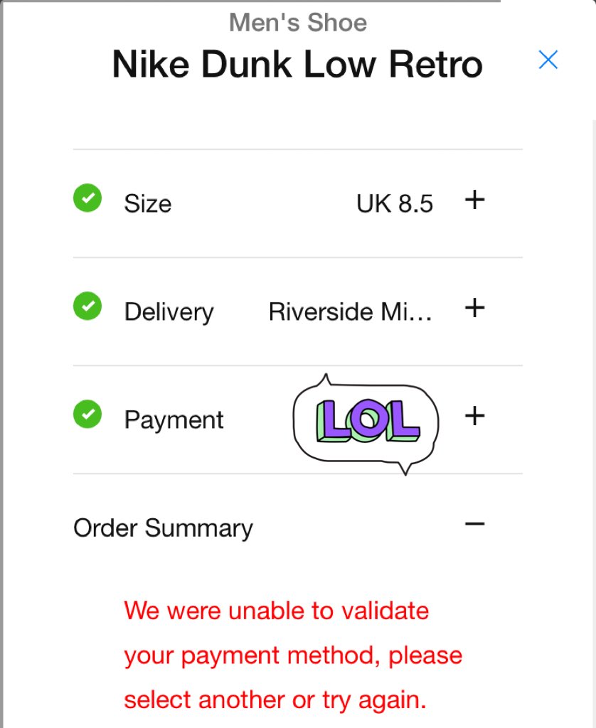 ryan_larrington's tweet photo. @nikestore sort it out. Forever missing drops due to poor checkout. https://t.co/dro68FJziR