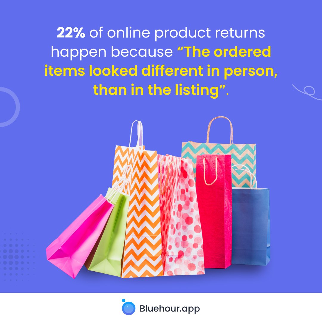 AppBluehour's tweet photo. 22% of online product returns happen because "The ordered items looked different in person, than in the listing"

#bluehour #productphotography #shopify #ShopifyStore #apparel #jewlery #footwear #clothing https://t.co/uXOIdqx8MK