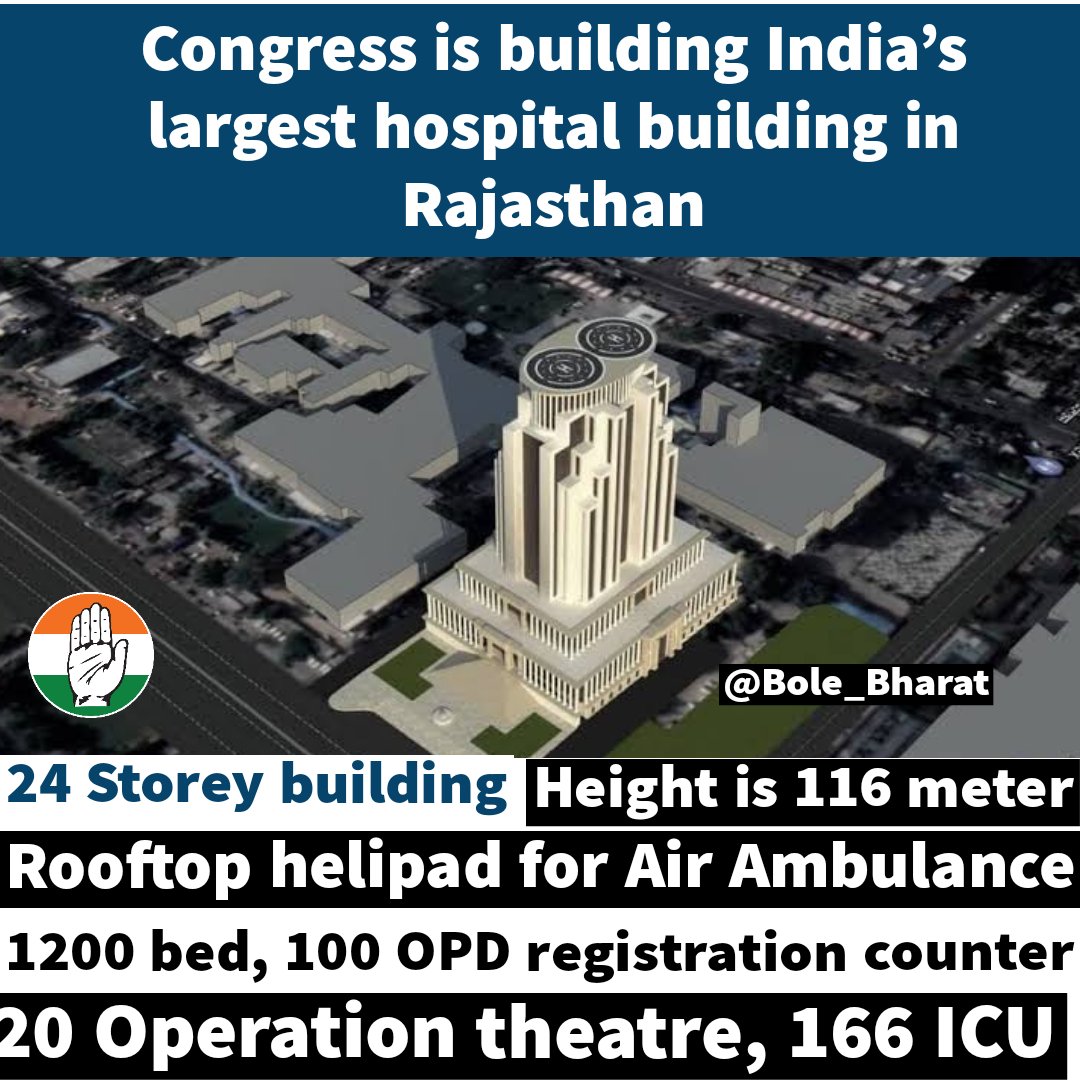 bole_bharat's tweet photo. Did you Know ? Congress is building India's largest hospital building in Rajasthan

24 Storey building
116 M height
Rooftop helipad
1200 bed, 100 OPD Registration counter
20 Operation theatre, 166 ICU

⏯️Congress = Development ⏮️ https://t.co/9CzW29WrAY