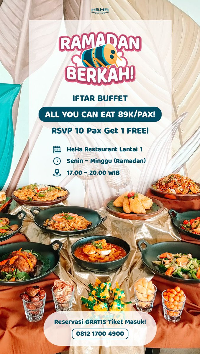 hehaskyview's tweet photo. Reservasi all u can eat Iftar Ramadhan : 
1. Menu all u can eat terserdia setiap hari selama bulan Ramadhan dengan harga Rp 89.000/pax (Nett). Anak umur 4th - 10 th harga Rp 49.000 (nett) | *PROMO BUY 10 GET 1 FREE*
2. Reservasi sudah termasuk tiket masuk https://t.co/D8rZOqpiIe
