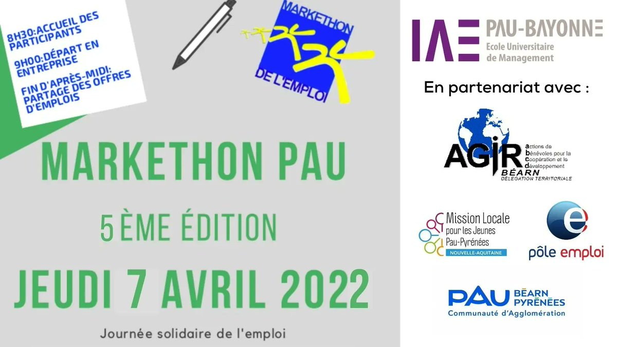 IAEPauBayonne's tweet photo. 📣 La 5ème édition du Markethon de Pau se tiendra le jeudi 7 avril 2022.
Véritable Journée solidaire de l’emploi, cet événement est réalisé par les étudiants de @IAEPauBayonne
🎯 Objectif : 160 entreprises participantes, 60 offres d’emploi.
#markethon #insertion #Emplois https://t.co/ulI9PXJLzy