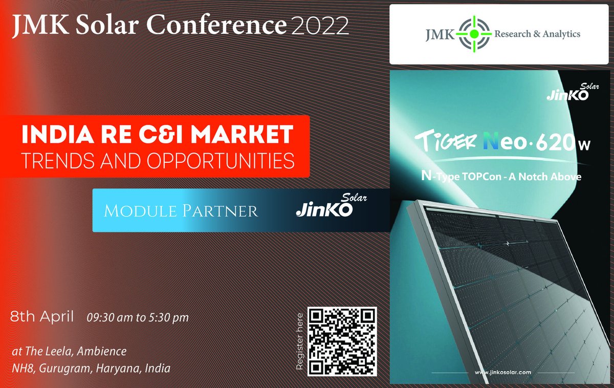 jinko_solar's tweet photo. #JinkoSolar is excited to be the Module Partner at the โIndia RE C&I Market Trends and Opportunitiesโ #conference on 8th April at The Leela, Ambience, Gurgaon.
Event Agenda & Registration - https://t.co/K980nLR83i
#TigerNeo #NType #solarpanels #solarforall #solarpv https://t.co/j2fIA2y4UQ