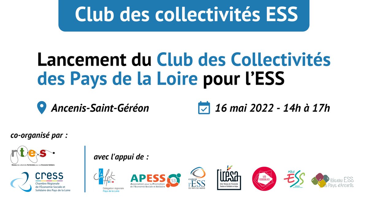 ReseauRTES's tweet photo. 📅 Le 16 mai 2022, le RTES et la @cress_pdl lancent le Club des collectivités pour l'ESS en @paysdelaloire, un espace de #rencontre, d'#échange, de #partage entre élu·es et agent·es des #collterr souhaitant s’appuyer sur l’#ESS pour répondre aux problématiques de leur territoire. https://t.co/WnJOyV55cQ