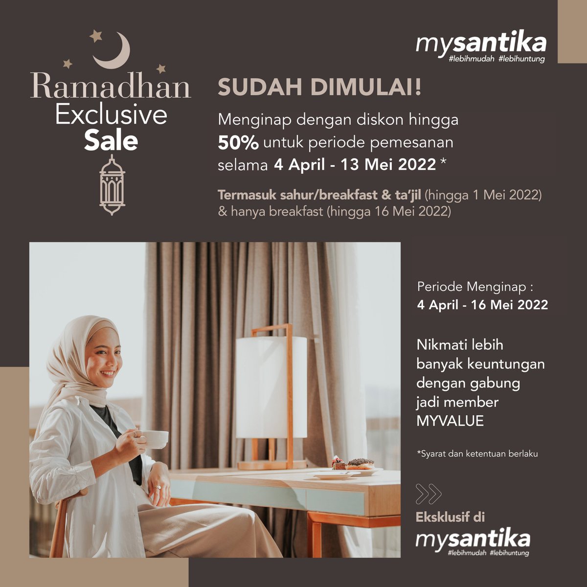 Menginap di Santika Indonesia dengan Ramadhan Exclusive Sale, diskonnya hingga 50%, khusus member MyValue. Eksklusif hanya di MySantika (4 April - 13 Mei 2022)*. Dapatkan kesempatan memperoleh voucher tambahan hingga Rp200.000*.

Cek link di bio untuk informasi lebih lanjut! 😉
