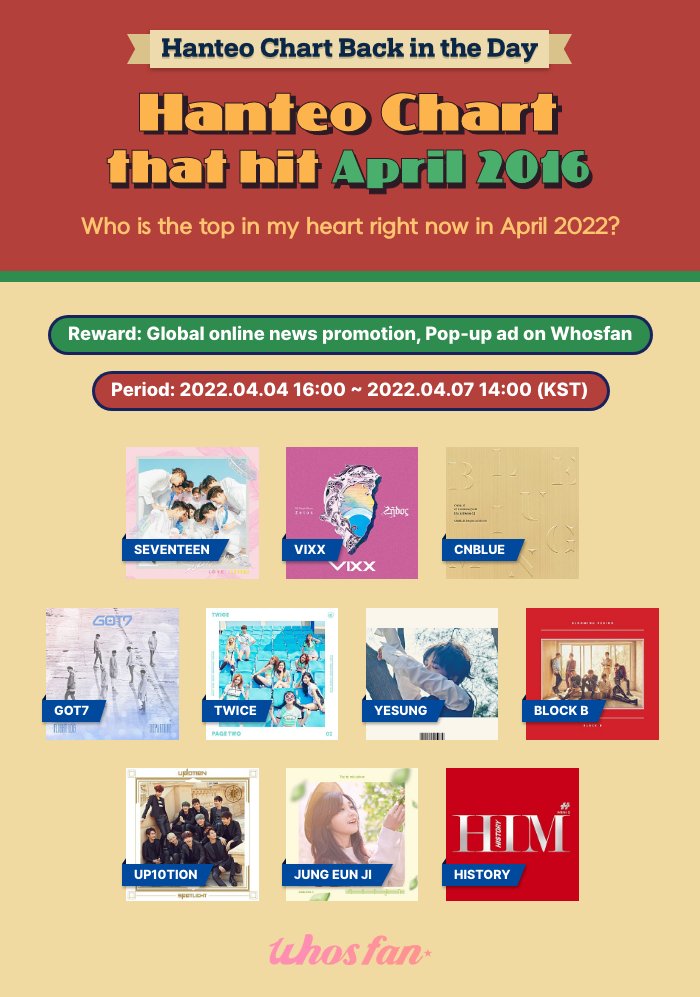 Whosfan_Ofcl's tweet photo. 📢#HanteoChart_BackInTheDay #Whosfan 

Back in the day in April 2016.....
The Hanteo Chart Back in the Day is back!

#SEVENTEEN #VIXX #CNBLUE #GOT7 #TWICE #YESUNG #BLOCKB #UP10TION #JUNGEUNJI #HISTORY

Vote to the 1st place in my heart right now!
🗳 https://t.co/gmteeAG1Nd https://t.co/Yy8nWLDBc1