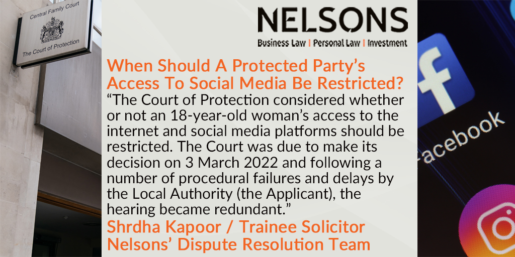 Nelsons_Law's tweet photo. When should a #ProtectedParty's access to social media be restricted? Have a read of our latest #blog to find out more about how the #CourtofProtection recently dealt with this tricky question: https://t.co/ZKO6W7cEX1 https://t.co/pNhiwTi1c8