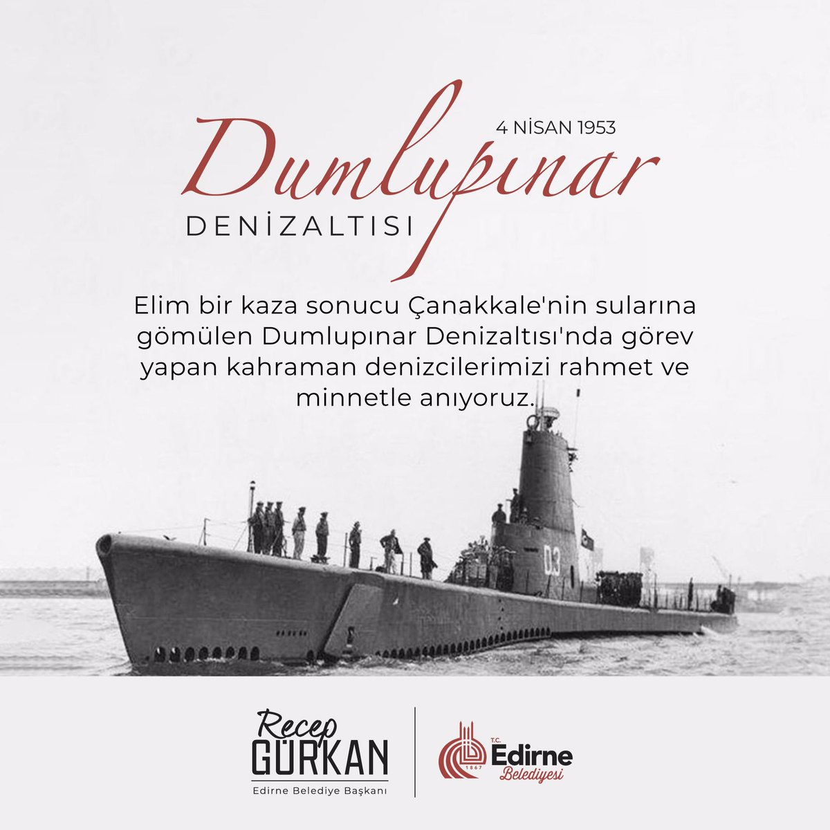 69 yıl önce bugün Çanakkale Boğazı'nda #Dumlupınar denizaltısının batması sonucu şehit olan 81 kahraman denizcimizi ve tüm şehitlerimizi saygı, minnet ve rahmetle anıyoruz.

#4NisanDumlupınarŞehitleri