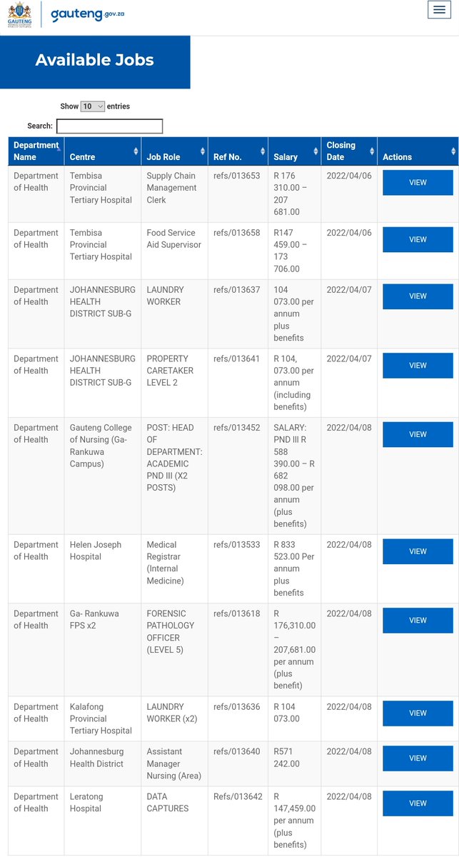 Jobs! Jobs! Jobs!

To apply for any Gauteng Provincial Government job, click on this link: professionaljobcentre.gpg.gov.za

Remember to create an account, upload the necessary documents, and begin applying.

Best wishes!!!

#JobSeekersSA
#Jobs