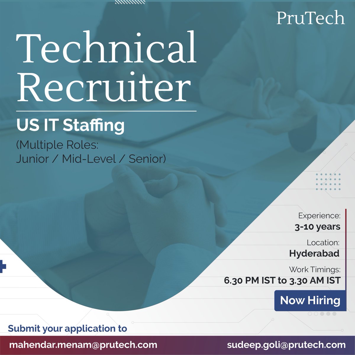 PruTech_India's tweet image. PruTech has some exciting opportunities lined up for talented recruitment professionals looking to work in a global IT force.
Apply now at the details given below.
#PruTechSolutions #hiring #itjobs #recruiter #itrecruiter #recruitment #opportunities #hrjobs