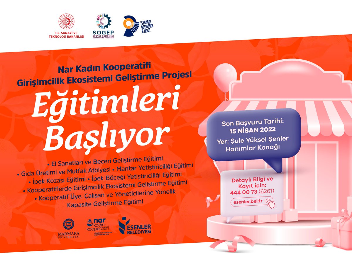 📣 Nar Kadın Kooperatifi Girişimcilik Ekosistemi Geliştirme Projesi Eğitimleri Başlıyor. 

📅 Son Başvuru Tarihi: 
15 Nisan 2022
📍Yer: Şule Yüksel Şenler Hanımlar Konağı
📞 Detaylı Bilgi ve Kayıt için:
444 00 73 (6261)