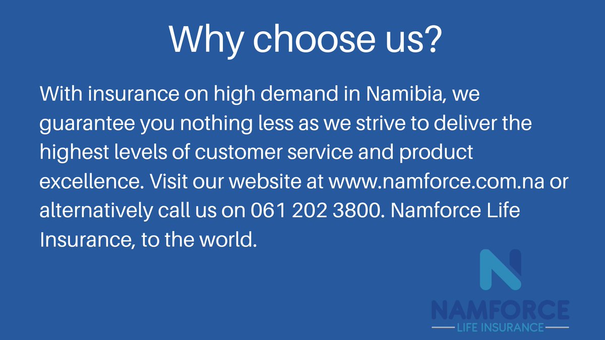 Namforce gives you easy access to insurance cover as we understand the needs of insurance for Namibians. Check out our wide range of inclusive and affordable insurance products. 
•
•
•
#Namforce 
#qualityservice #qualityinsurance