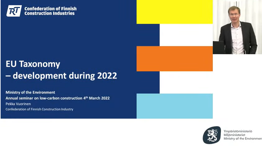 Vähähiilisen rakentamisen vuosiseminaari @yministerio ohjelmassa myös @Vuopek @RTryfi 👉EU taxonomy development during 2022 #rakentaminen #vähähiilinen #vähähiilisyys #vähähiilinenrakentaminen #taksonomia