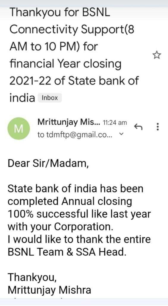 harishankar2013's tweet photo. @devusinh @BSNL_UPE @BSNLCorporate @aigetoachq @sneachq  @AshwiniVaishnaw
Appreciation from SBI corporate to BSNL Fatehpur UP Team  for their good services during financial year 21-22  closing .
#IndiaNeedsBSNL https://t.co/AZ8iJMFaHe