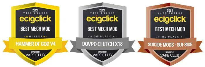 EcigClick's tweet image. If you are after a #MechMod - why not check out the winners of our Best Mech Mod in the #EcigclickAwards 2021 - Sponsored by @vapeclub 

1st - Hammer Of God V4 - #VaperzCloud
2nd - Dovpo Clutch X18 - @fsecig 
3rd - #SuicideMods - Sui-Side

bit.ly/3KgvaxH
#Ecigclick #Vape