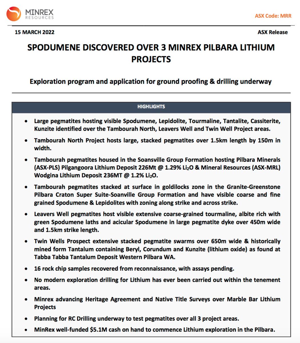 PilbaraWandy's tweet photo. $MRR

Current MC is $60m

$MRR have just confirmed spodumene at Tambourah Nth

When is it $TMB's Turn

$TMB Just started their Drilling campaign at Tambourah Li/Au Project right near $MRR &amp; 50kms From $PLS 

$TMB - Ta &amp; Sn was Historically Mined

$TMB over $5m Cash = $11m EV https://t.co/MCbnQove2N