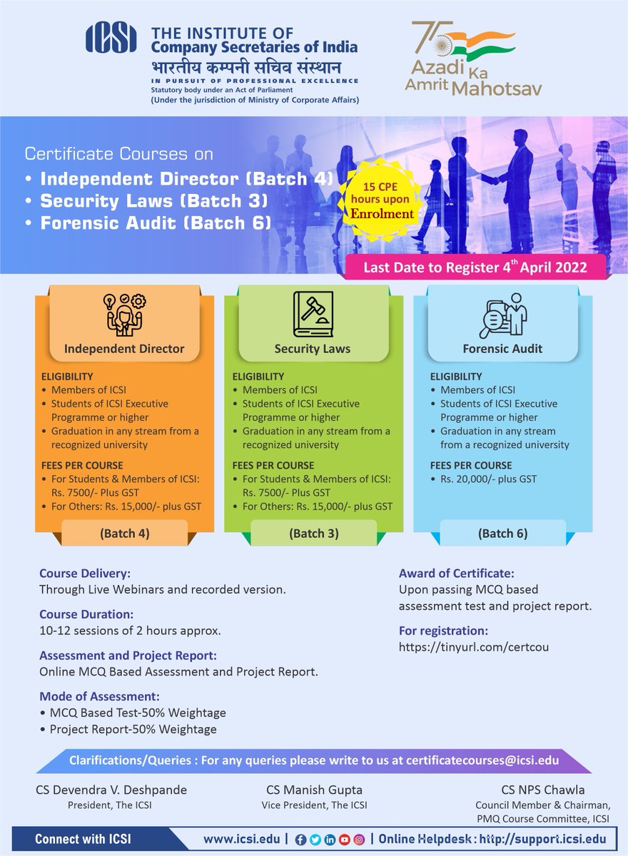icsi_cs's tweet photo. Registration for #ICSI Certificate Courses on #IndependentDirector   #SecurityLaws and #ForensicAudit  closes on 4 April 2022. #RegisterNow @ https://t.co/HZ7g6FbxyQ #AmritMahotsav https://t.co/KNSEzTyXzE