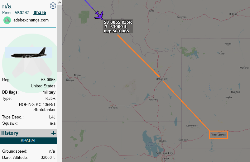 SirListenalot's tweet photo. #KC135 #AE0242 as #ROMA92 en route Fairchild - Pease, aiming for Rock Springs to pick up receivers. So close to Salt Lake City, "HL" #F35's come up to mind... BTW #KC10 #AE020D arrived at Bangor as #ROMA91. https://t.co/QNst4YayJX