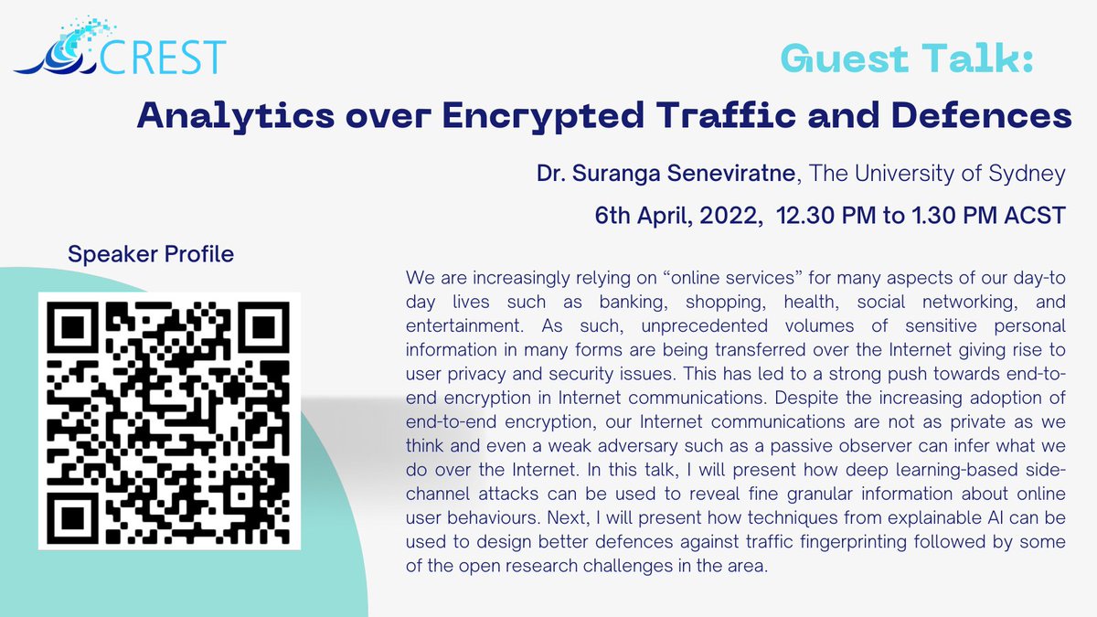 crest_centre's tweet photo. We're glad to announce our 2nd guest talk of the #CREST_seminar series by Dr. Suranga Seneviratne. The talk is open to the public.
The link to join the talk 👇
https://t.co/ot6VG5gq9p https://t.co/eVLOGIwd6Y