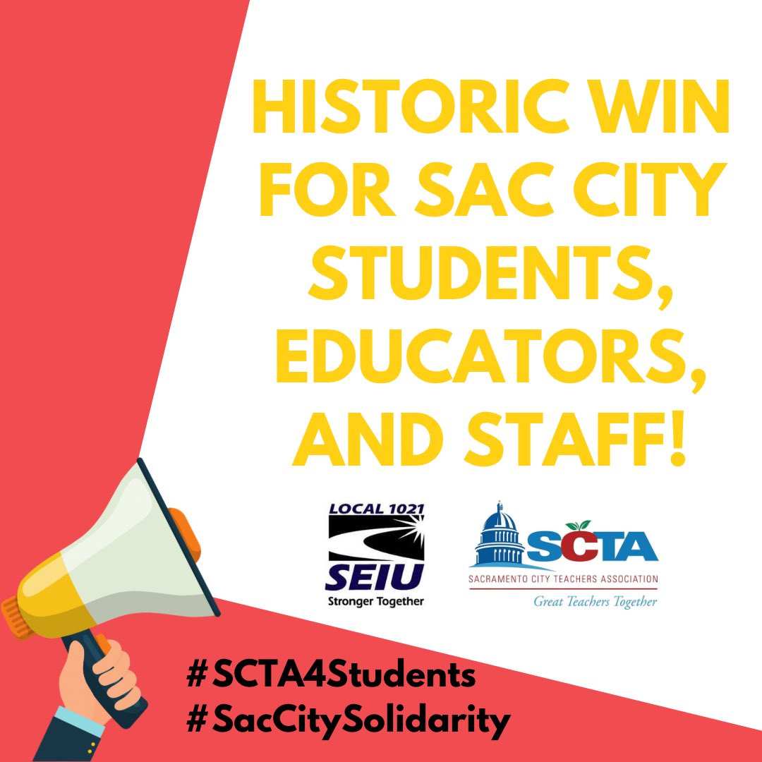 SacTeachers's tweet photo. BREAKING: We WON for our students alongside our @SEIU1021 colleagues! The power of our strike resulted in a deal that will help address the severe staffing crisis in our district. We cannot wait to see our students tomorrow, back at school where we all belong.
#SacCitySolidarity https://t.co/eZxS5mAKDy
