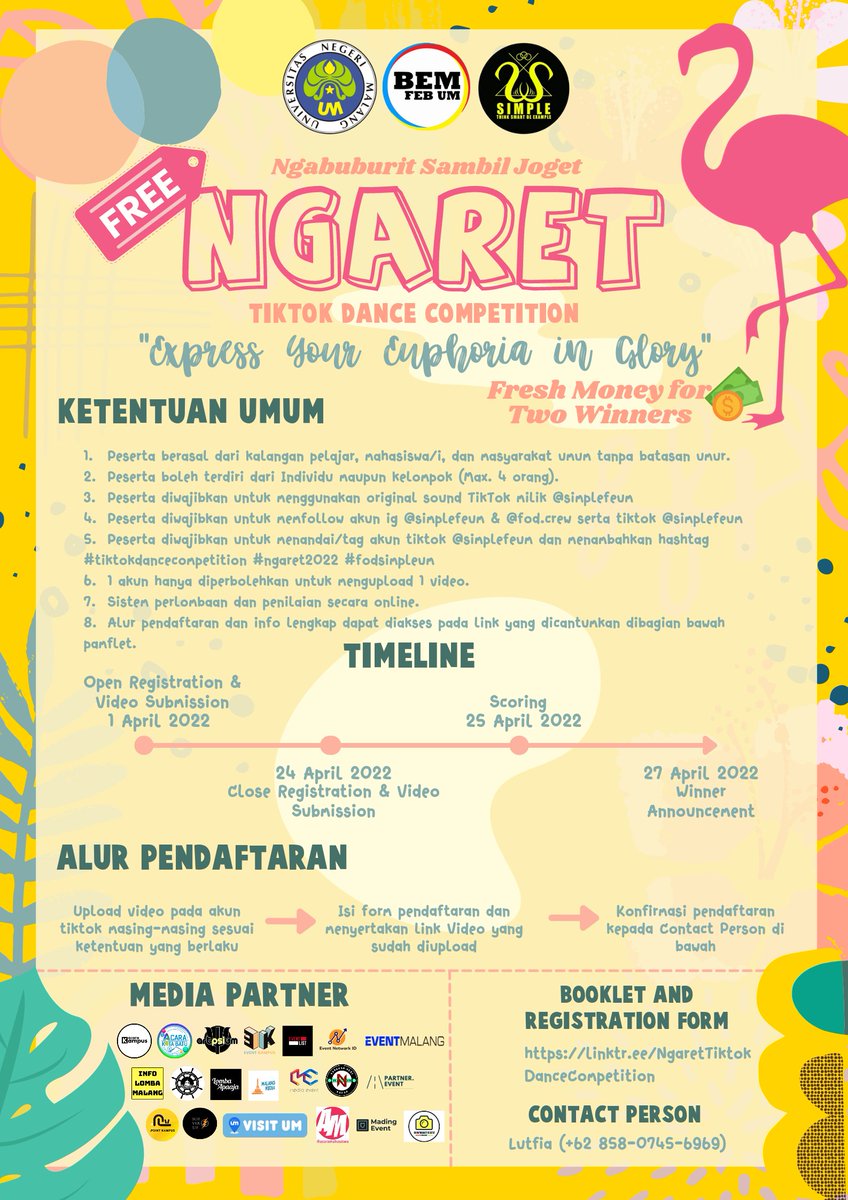 eventmalang's tweet photo. [FOD SIMPLE FEB UM PROUDLY PRESENT]
 
NGARET TIKTOK DANCE COMPETITION 2022
 
Hello fellas NGARET registration has been opened‼️

For registration
https://t.co/joFcmjiPct
 
#NgaretSimple 
#TiktokDanceCompetition #SimpleBeExample
#dancecompetititon2022
#eventdance #lombadancemalang https://t.co/FfSYwxQYtV