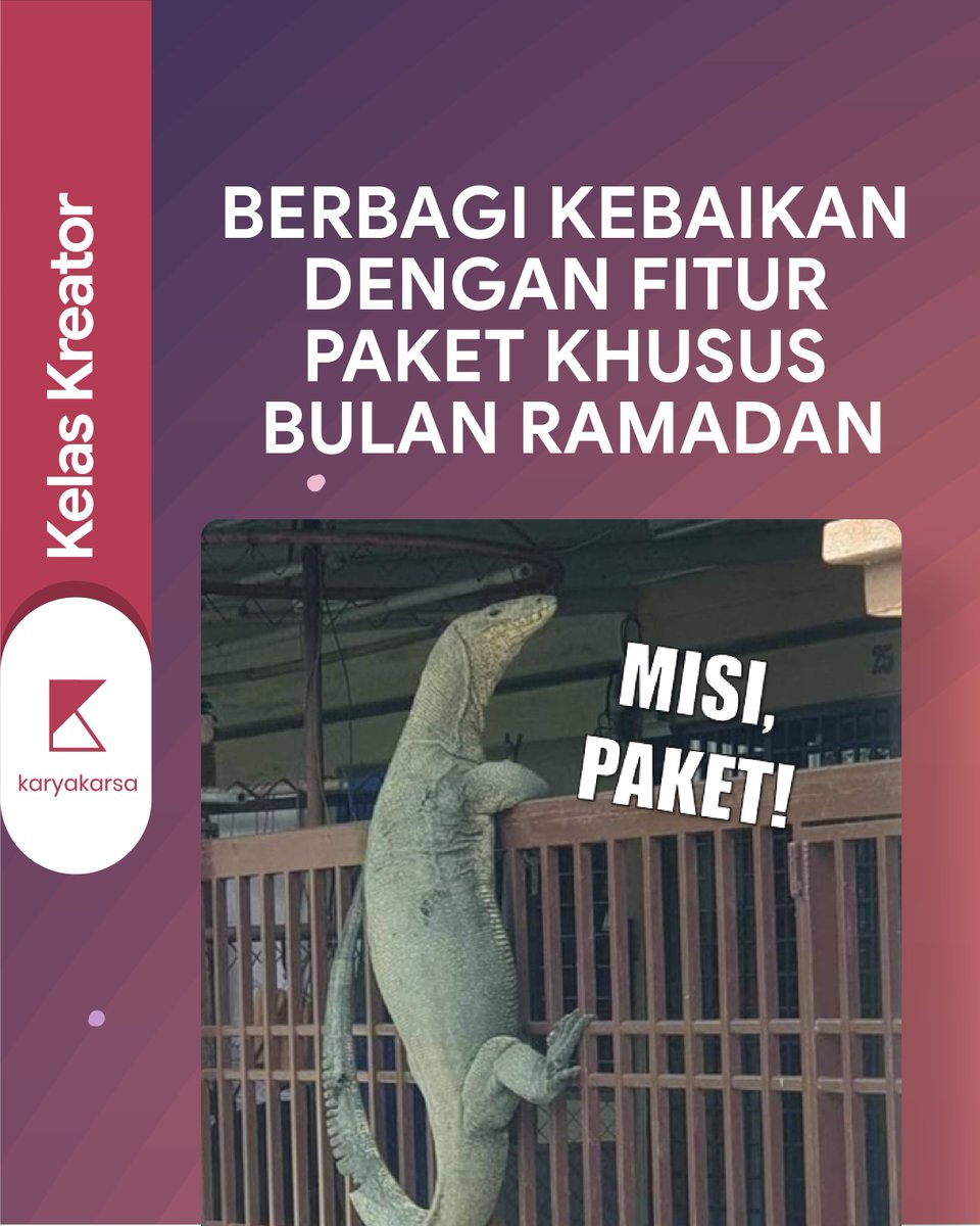 karyakarsa_id's tweet photo. Mau bagi-bagi berkah ke pendukung?
Bikin paket khusus Ramadan aja!
✨✨✨
#KaryaKarsa #Paket #KelasKreator #BerkahRamadan #SemarakRamadan https://t.co/ikppTDcQcs