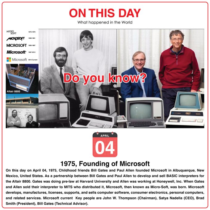 On This Day on April 04, 1975, Childhood friends Bill Gates and Paul Allen founded Microsoft in Albuquerque, New Mexico, United States. As a partnership between Bill Gates and Paul Allen to develop and sell BASIC interpreters for the Altair 8800. Gates was doing pre-law at Harvard University and Allen was working at Honeywell, Inc. When Gates and Allen sold their interpreter to MITS who distributed it, Microsoft, then known as Micro-Soft, was born. Microsoft develops, manufactures, licenses, supports, and sells computer software, consumer electronics, personal computers, and related services. Microsoft's current Key people are John W. Thompson (Chairman), Satya Nadella (CEO), Brad Smith (President), and Bill Gates (Technical Advisor).