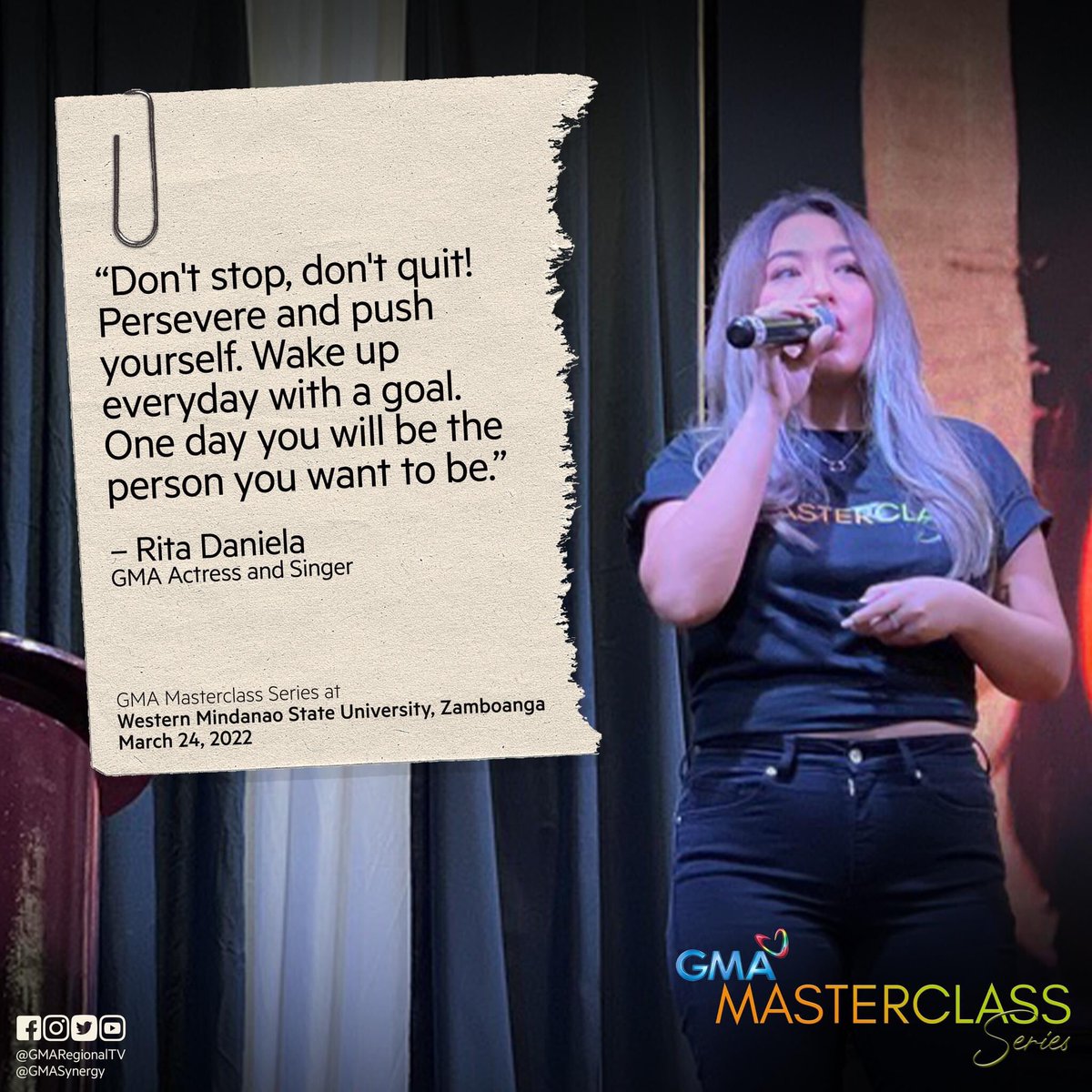 GMASingers's tweet photo. #GMASingers: Sultry Diva Rita Daniela was one of the speakers at the Mindanao leg of GMA Regional TV and Synergy’s ‘GMA Masterclass Series,’ held at Western Mindanao State University in Zamboanga.

#GMAMasterclassSeries
#GMASynergy https://t.co/j7ru6eZV7m