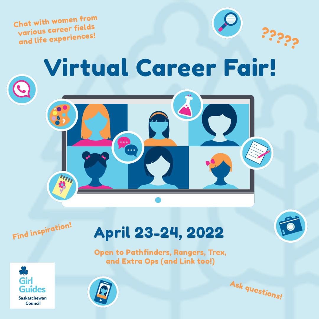 SaskGirlGuides's tweet photo. SK GGC is currently finalizing the schedule for an upcoming Virtual Career Fair for Pathfinder, Rangers, Trex, Extra Ops, and Link members on April 23 &amp; 24, 2022! Save the date. More info coming soon. https://t.co/hZDRVTazVR
