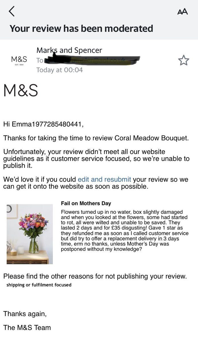EmmaCrumpler's tweet photo. @marksandspencer your email that I just received is not very clear as to why you were unable to post my review? The comment “as it customer service focused” does not make sense!
I feel you are deliberately not posting bad reviews as you are fully aware of what happened! https://t.co/zHpJ8XVTcB