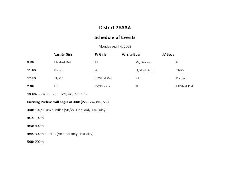 RCISDTRACK's tweet photo. Order of Events for District 28AAA Track Meet https://t.co/3X2KalQULI