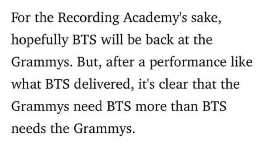 ‘เพื่อประโยชน์ของ Recording Academy, พวกเขาก็หวังว่า #BTS จะกลับไป #GRAMMYs อีกครั้ง แต่หลังจากการแสดงของ BTS ที่แสดงออกมา มันก็ทไให้เห็นได้ชัดว่าแกรมมี่ต้องการ BTS มากกว่าที่ BTS ต้องการแกรมมี่’

ปังนะ บทความไหนเขียน ขอให้ 10/100 คะแนนเลยค่ะ✨